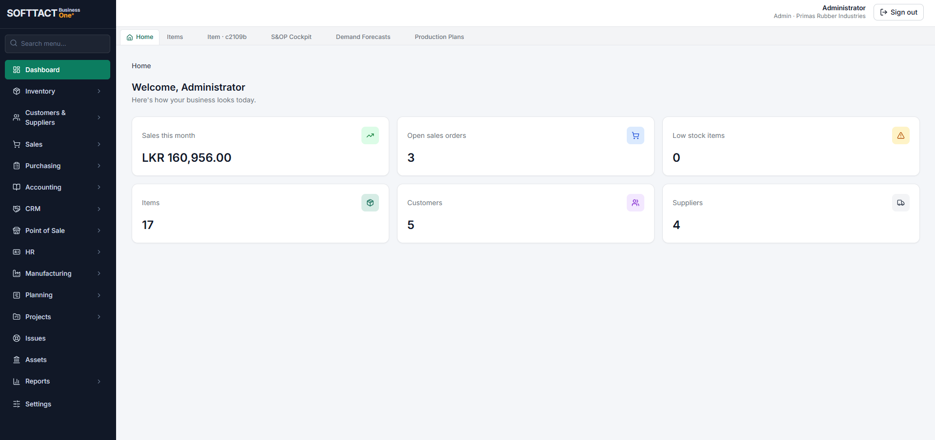 SOFTTACT Business One ERP dashboard