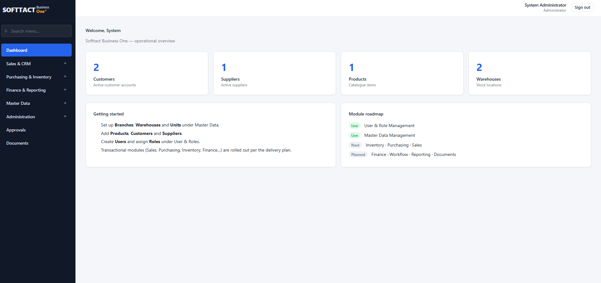 SOFTTACT Business One ERP dashboard